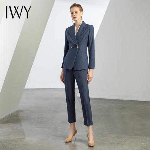 IWY/优雅蓝灰色职业西装西服女气质美容院套装长袖面试两件套干练工装C11348+P11348 商品图4