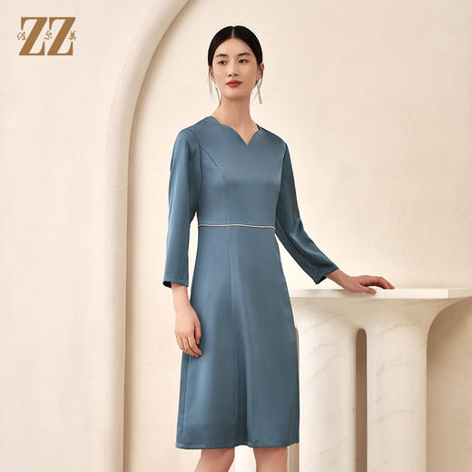 秋季新款 气质9分袖纯色V领连衣裙女E23LL14 商品图3