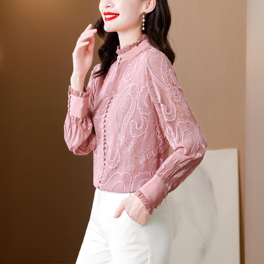 早秋新款，法式甜美粉色木耳领刺绣长袖仿真丝衬衫KQL-3959 商品图1