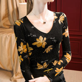 印花网纱打底衫，秋冬新款气质v领欧货小衫薄款内搭收腰上衣SG-T2D3189