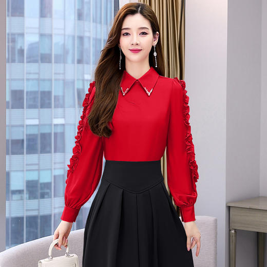 HR WHA028-19翻领衬衫上衣通勤简约花边袖衬衣 商品图0