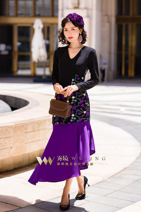 2202176 青都紫薇 双层高弹乱麻 醋酸缎  定制绣花料连衣裙 雾境