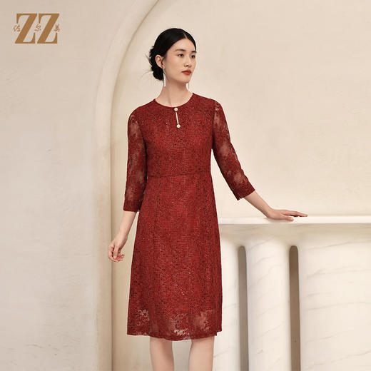 佐尔美2022秋季新款 气质蕾丝珍片7分袖连衣裙女E23LL21 商品图1