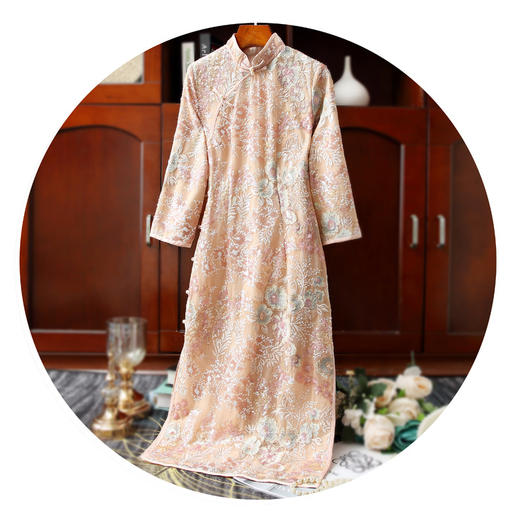 中式立领改良版亮珠片绣花中袖旗袍时尚中国风旗袍裙ZSM-220807 商品图4