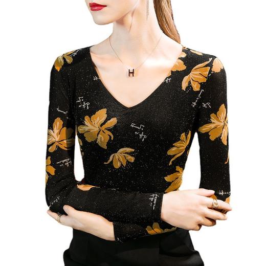 印花网纱打底衫，秋冬新款气质v领欧货小衫薄款内搭收腰上衣SG-T2D3189 商品图4