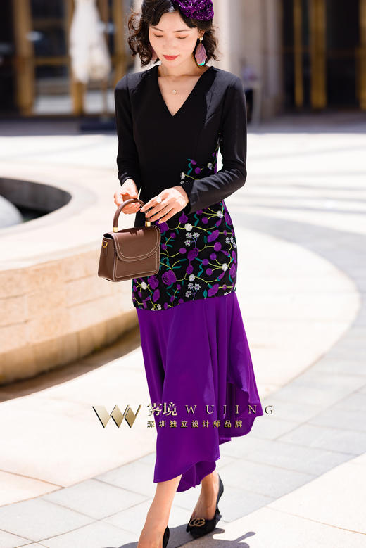 2202176 青都紫薇 双层高弹乱麻 醋酸缎  定制绣花料连衣裙 雾境 商品图2