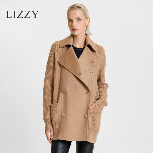 LIZZY 休闲山羊绒美丽诺绵羊毛混纺拼接双排扣短外套7667 商品图0
