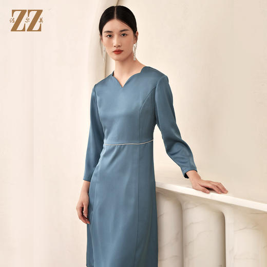 秋季新款 气质9分袖纯色V领连衣裙女E23LL14 商品图2