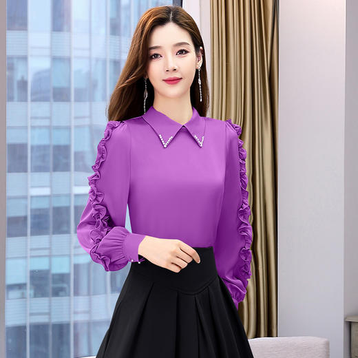 HR WHA028-19翻领衬衫上衣通勤简约花边袖衬衣 商品图2