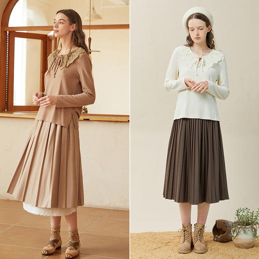 Famecoco范可儿蝴蝶结打底衫女秋冬款花边领高弹磨毛针织t恤F228BB011 商品图4