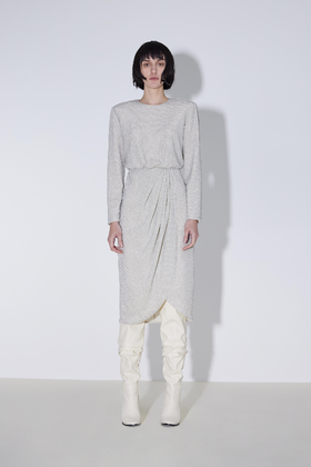 腰部抽褶式长袖珠光连身裙