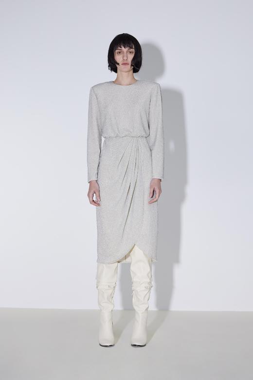 腰部抽褶式长袖珠光连身裙 商品图0