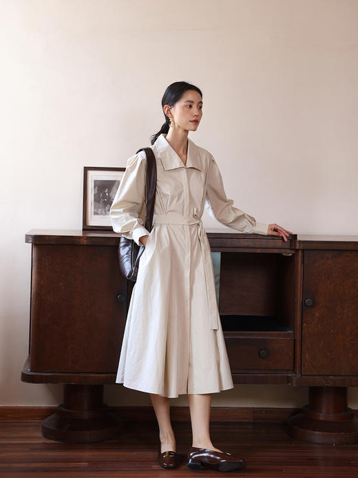 HeyDress法式100棉连衣裙女秋季高腰宽松系带衬衫裙复古优雅裙子 商品图2