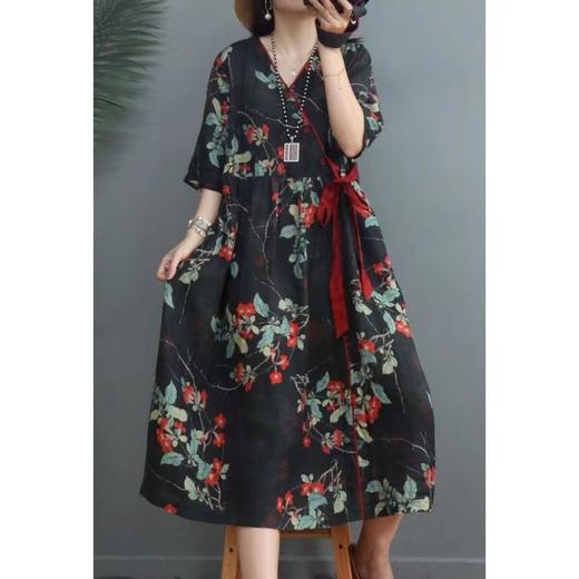 黛唯梵夏季新款文艺复古印花棉麻连衣裙宽松遮肚显瘦系带收腰V领中长裙 商品图3