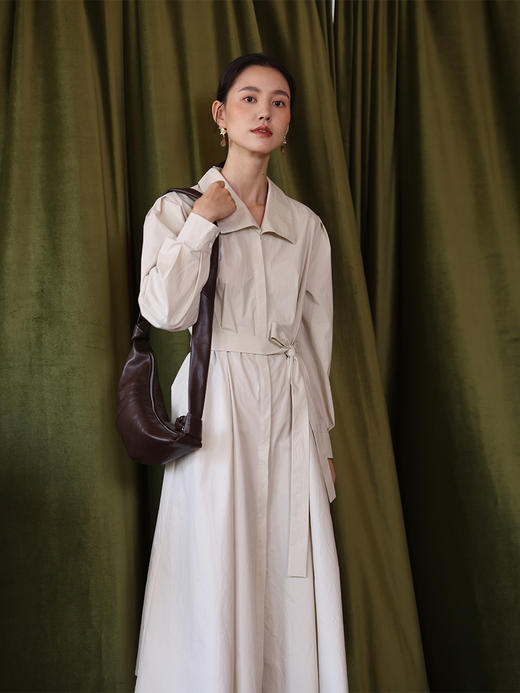 HeyDress法式100棉连衣裙女秋季高腰宽松系带衬衫裙复古优雅裙子 商品图3