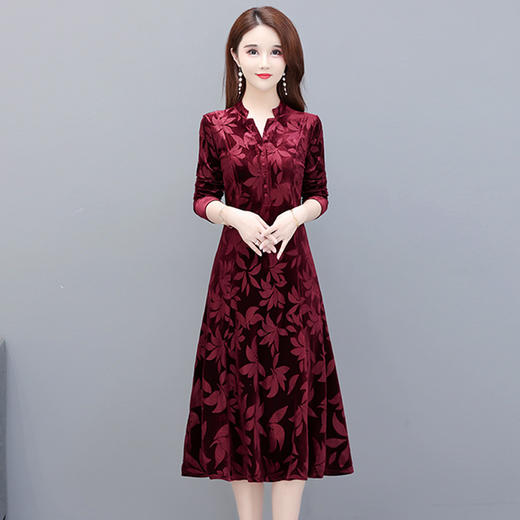 黛唯梵秋冬新款连衣裙女大码中年丝绒印花裙子百搭外穿内搭裙显瘦妈妈裙 商品图0