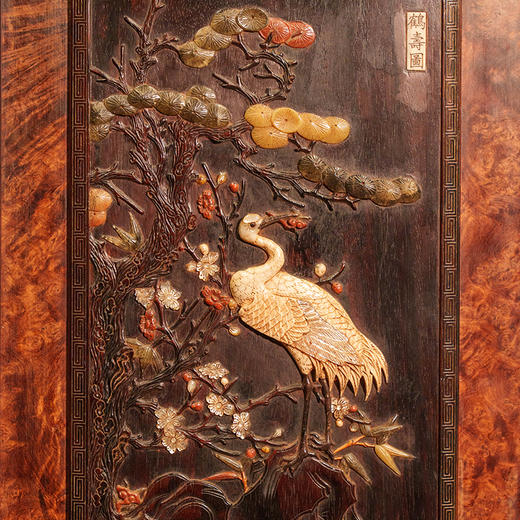 清 紫檀镶瘿木百宝嵌鹤寿图插屏 商品图2