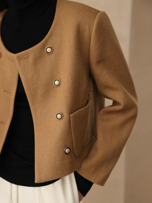 HeyDress法式U领毛呢外套女秋冬双排扣优雅小香风羊毛短款上衣 商品图3