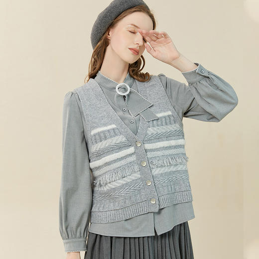 Famecoco范可儿流苏毛衣开衫外套女秋冬款V领羊毛保暖马夹 商品图1