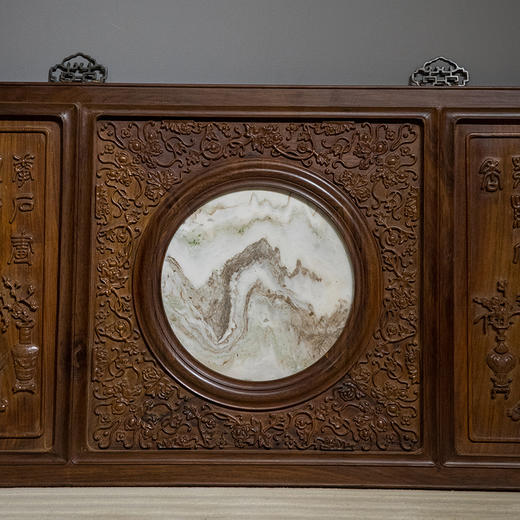 清 红木镶云石高浮雕博古图诗文挂屏 商品图2