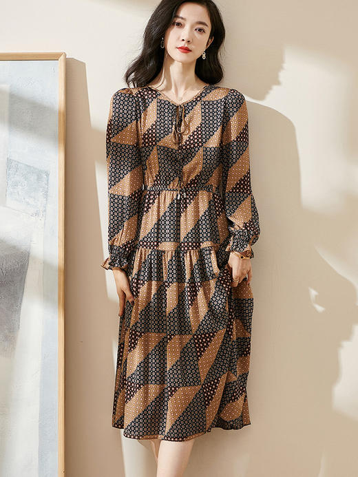 剩M 米思阳2022秋季新款知性气质碎花裙宽松遮肉系带领长袖连衣裙0263 商品图1