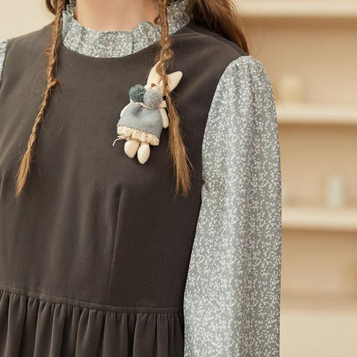 Famecoco范可儿雪纺拼接假两件连衣裙秋冬宽松遮肚子长裙F228FA018 商品图4