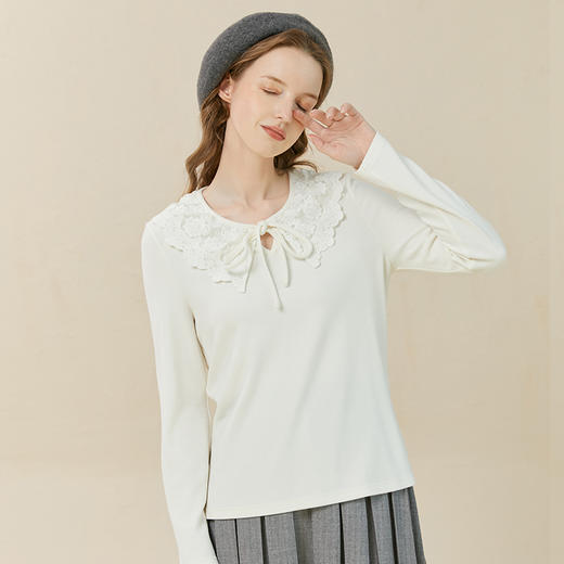 Famecoco范可儿蝴蝶结打底衫女秋冬款花边领高弹磨毛针织t恤F228BB011 商品图3