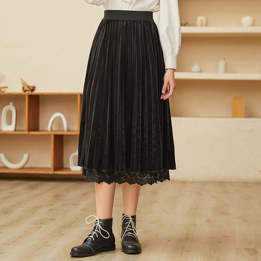 Famecoco范可儿原创丝绒蕾丝拼接半身裙女秋冬宽松百褶裙F228HA025 商品图2