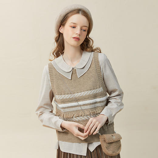 Famecoco范可儿小香风流苏马甲背心女无袖上衣冬圆领羊毛保暖马夹F228CA019 商品图1