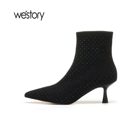 westory秋冬新款时尚性感水钻单靴尖头细跟弹力靴82021 商品图1