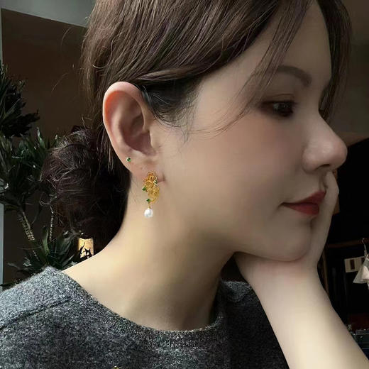 龢盒原创 18k金akoya珍珠翡翠浮云耳环 商品图3