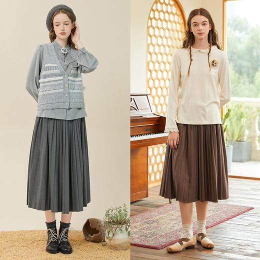 Famecoco范可儿羊毛宽松半身裙女秋冬中长款弹力后腰纯色百褶裙F228HA011 商品图4