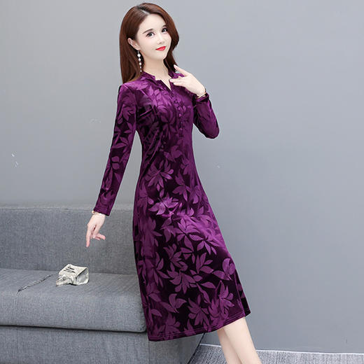黛唯梵秋冬新款连衣裙女大码中年丝绒印花裙子百搭外穿内搭裙显瘦妈妈裙 商品图2