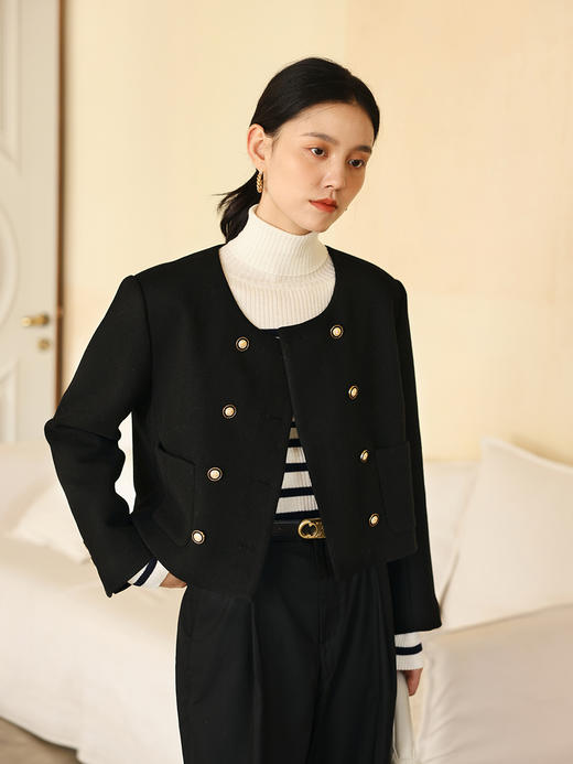HeyDress法式U领毛呢外套女秋冬双排扣优雅小香风羊毛短款上衣 商品图0