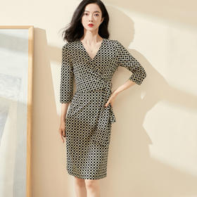 剩S/M 米思阳2025春季新款知性优雅印花裙系带收腰七分袖v领连衣裙0296