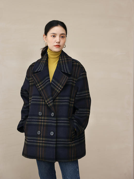 HeyDress法式复古格纹毛呢外套女秋冬翻领宽松茧型短款羊毛大衣 商品图4