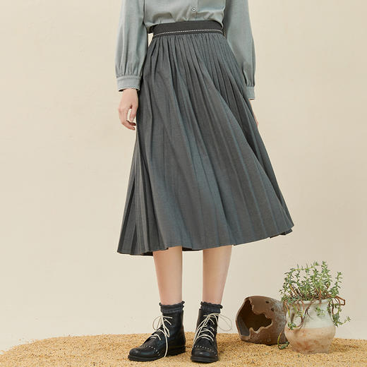 Famecoco范可儿羊毛宽松半身裙女秋冬中长款弹力后腰纯色百褶裙F228HA011 商品图2