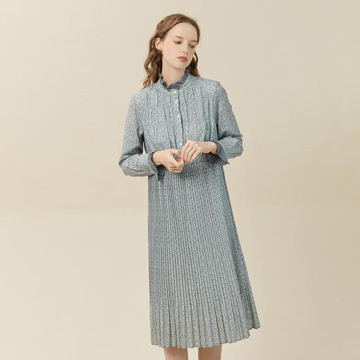 Famecoco范可儿压褶雪纺长袖连衣裙秋冬过膝碎花长裙女F228FA007 商品图2