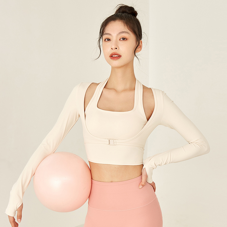 【超级团购】跃牌【禅语梵心系列】长袖紧身瑜伽服女假两件跑步显瘦外穿短款健身上衣带胸垫FX1690