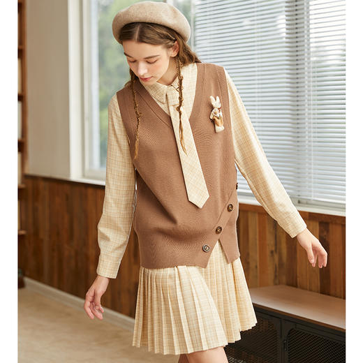 Famecoco范可儿毛衣马甲衬衫两件套学院风时尚格子套装裙F228EA003 商品图3