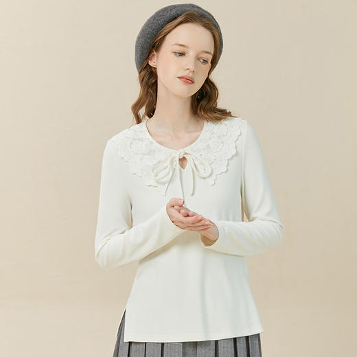 Famecoco范可儿蝴蝶结打底衫女秋冬款花边领高弹磨毛针织t恤F228BB011 商品图2