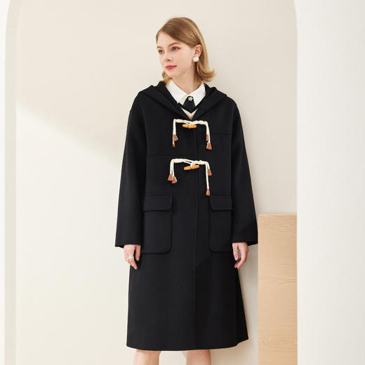 MH9B4斯尔丽瑟俪2022年冬上新商场同款休闲连帽学院风牛角扣羊毛呢大衣 商品图1