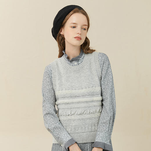 Famecoco范可儿小香风流苏马甲背心女无袖上衣冬圆领羊毛保暖马夹F228CA019 商品图2