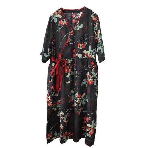 黛唯梵夏季新款文艺复古印花棉麻连衣裙宽松遮肚显瘦系带收腰V领中长裙 商品图4