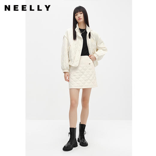 NEELLY纳俪商场同款冬季高腰半身裙女菱格显瘦百搭A字裙白色短裙N22101E01189 商品图2