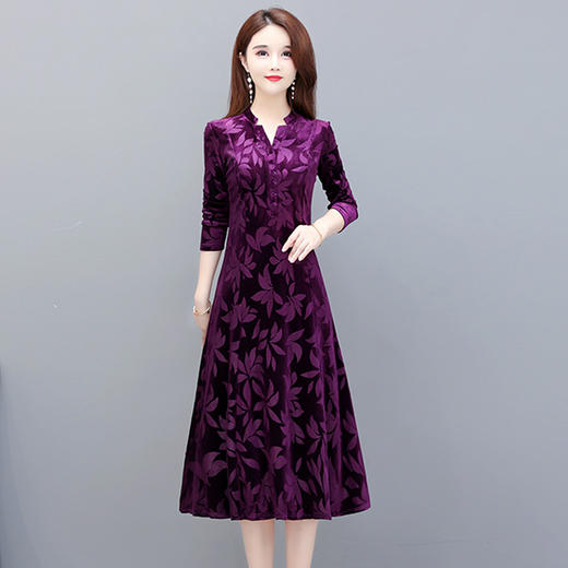 黛唯梵秋冬新款连衣裙女大码中年丝绒印花裙子百搭外穿内搭裙显瘦妈妈裙 商品图3
