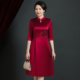 JC-62310醋酸旗袍气质红色婚宴喜婆婆礼服