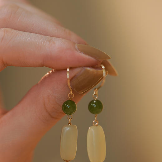 QSS倾尽年华和田玉碧玉14K包金原创小众设计国潮感轻奢耳环耳夹 商品图1