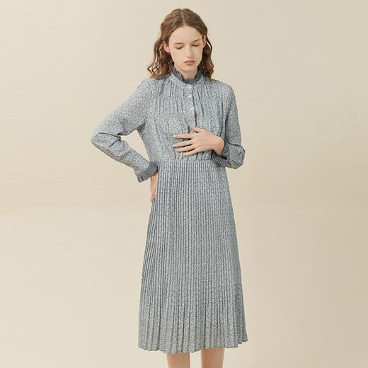 Famecoco范可儿压褶雪纺长袖连衣裙秋冬过膝碎花长裙女F228FA007 商品图3