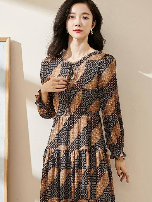 剩M 米思阳2022秋季新款知性气质碎花裙宽松遮肉系带领长袖连衣裙0263 商品图2